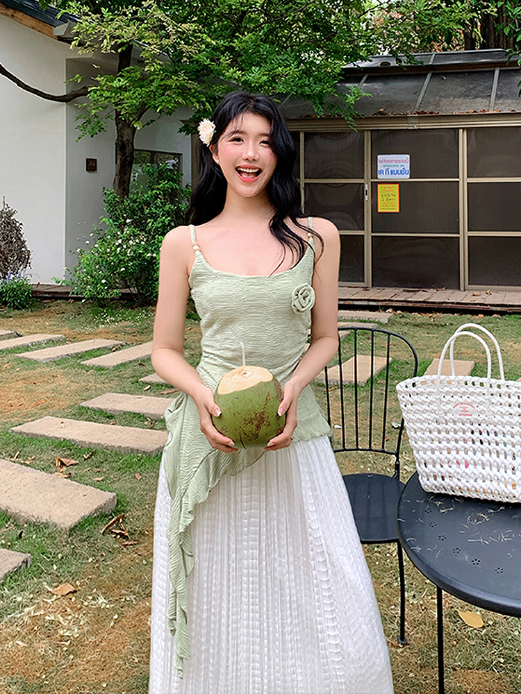 순수한 욕망 밑단 불규칙 캐미솔 여름 해변가 휴가 프릴 작은 셔츠 달콤한 매운맛 Chic 작은 맨위
