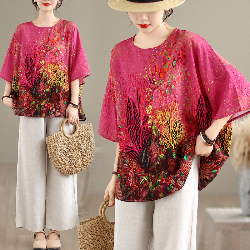 RY3727# 实拍2026夏季新品麻棉民族风蝙蝠袖宽松大码圆领T恤女