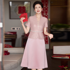 批发高端喜婆婆婚宴装2026秋季新款假两件连衣<b class='q'>裙</b>粉色年轻结婚妈妈礼服