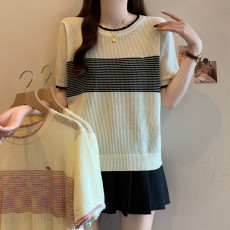 批发实拍大码女装撞色条纹薄款冰丝针织衫<b class='q'>夏</b>季胖mm百搭显瘦T恤上衣