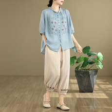 批发实拍2026韩版大码显瘦刺绣文艺复古衬衫宽松棉麻裤<b class='q'>夏</b>季套装女
