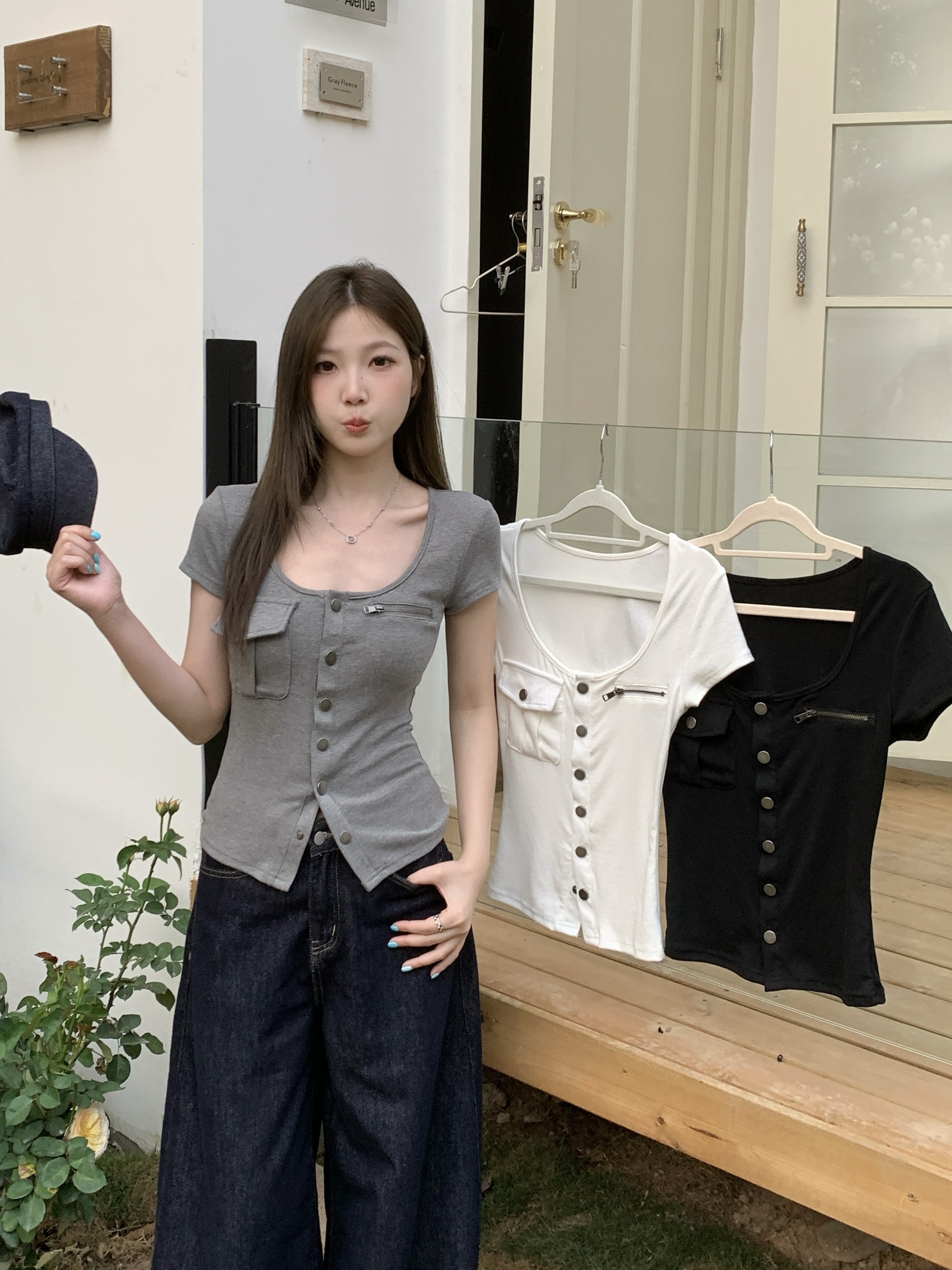 MY8297# 大码胖MM夏季新款纯欲风收腰设计感U领正肩短袖T恤辣妹上衣女裝貨源服裝批發