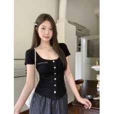 批发实拍 大码胖MM夏季新款纯欲风收腰设计感U领正肩短袖T恤辣妹<b class='q'>上衣</b>