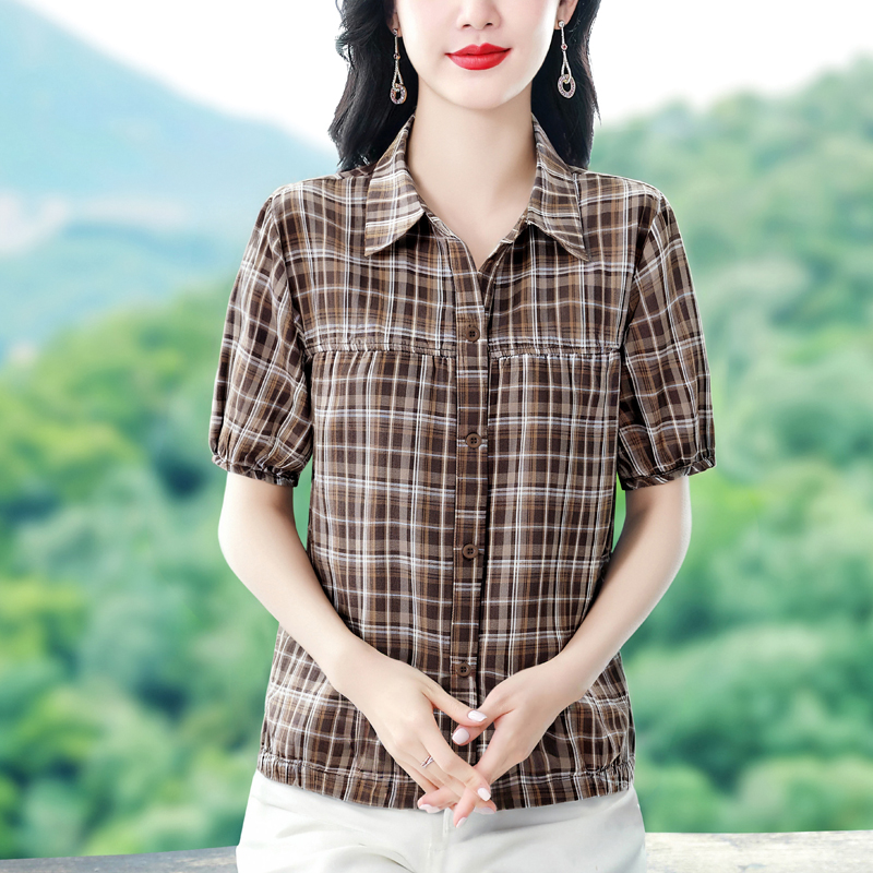 2026 새로운 엄마 외국 가스 루즈핏 셔츠 반팔 면 100% 부티크 외국 가스 미니멀리즘 체크무늬 셔츠 우아함 고급