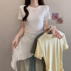 批发大码胖mm不规则荷叶下摆抽褶短袖t恤女夏季修身显瘦上衣打底衫