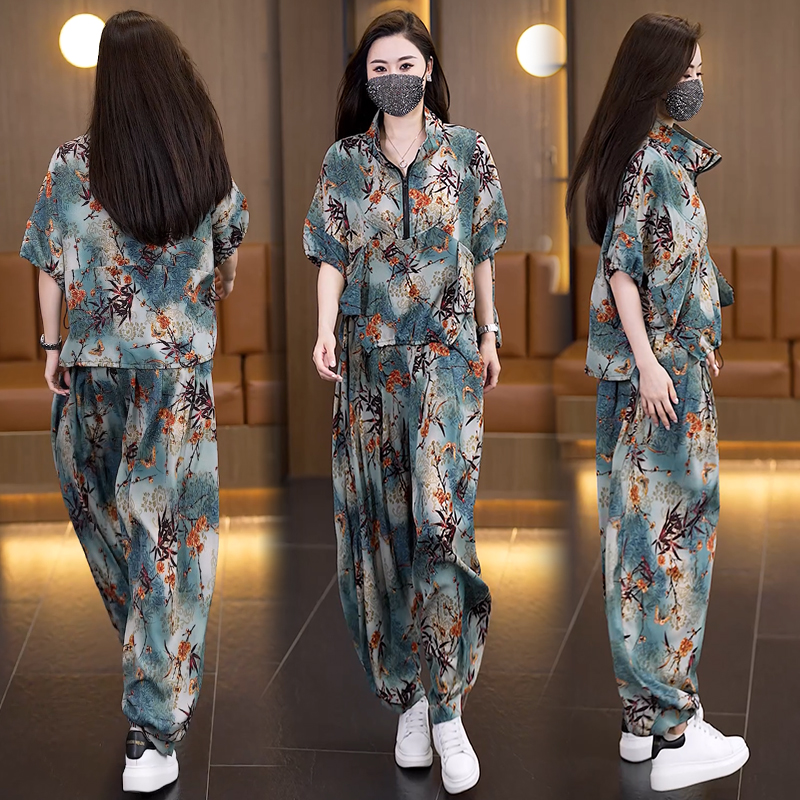 RY1634# 实拍2026夏季新款套装胖妹妹时尚减龄宽松遮肉显瘦哈伦裤两...