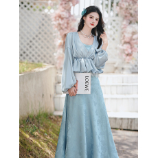 批发6565实拍复古法式港式缎面防晒衫双层吊带提花连衣裙限套装价40+