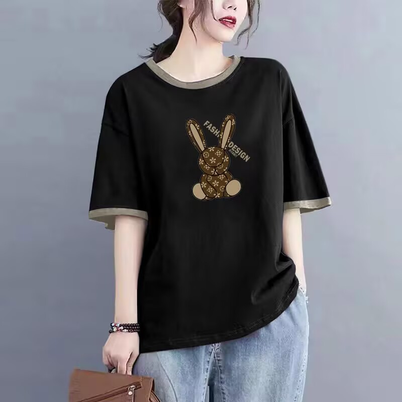 纯棉短袖夏季时尚百搭宽松新款显瘦减龄女士mm简约大码上衣 服裝批發女裝批發服飾貨源