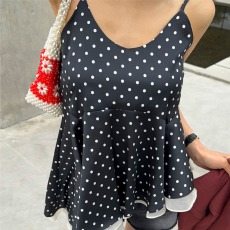 批发已出货    不规则斜边下摆<b class='q'>双层</b>荷叶边波点吊带<b class='q'>背心</b>