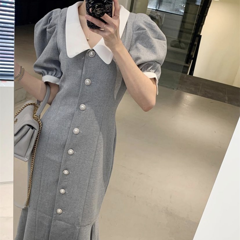 FA35720# 法式复古珍珠扣鱼尾拼接修身泡泡袖连衣裙 服裝批發女裝批發服飾貨源