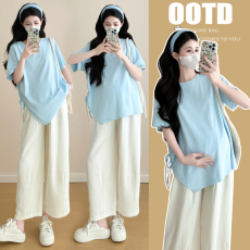 批发实拍~2025品质孕妇装<b class='q'>夏</b>季新款大码抽绳短袖T恤时尚上衣潮妈