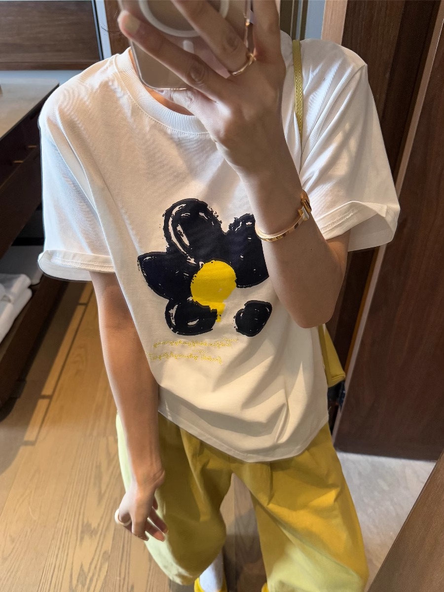 MY17023# 21支纯棉100%棉花朵字母印花短袖T恤女欧洲站女裝貨源...