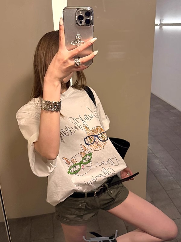 MY7363# 100%棉美式复古手绘猫咪短袖T恤女女裝貨源服裝批發