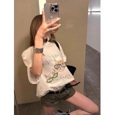 批发21支纯棉210克100%棉 时尚超火新款美式复古手绘猫咪短袖T恤女