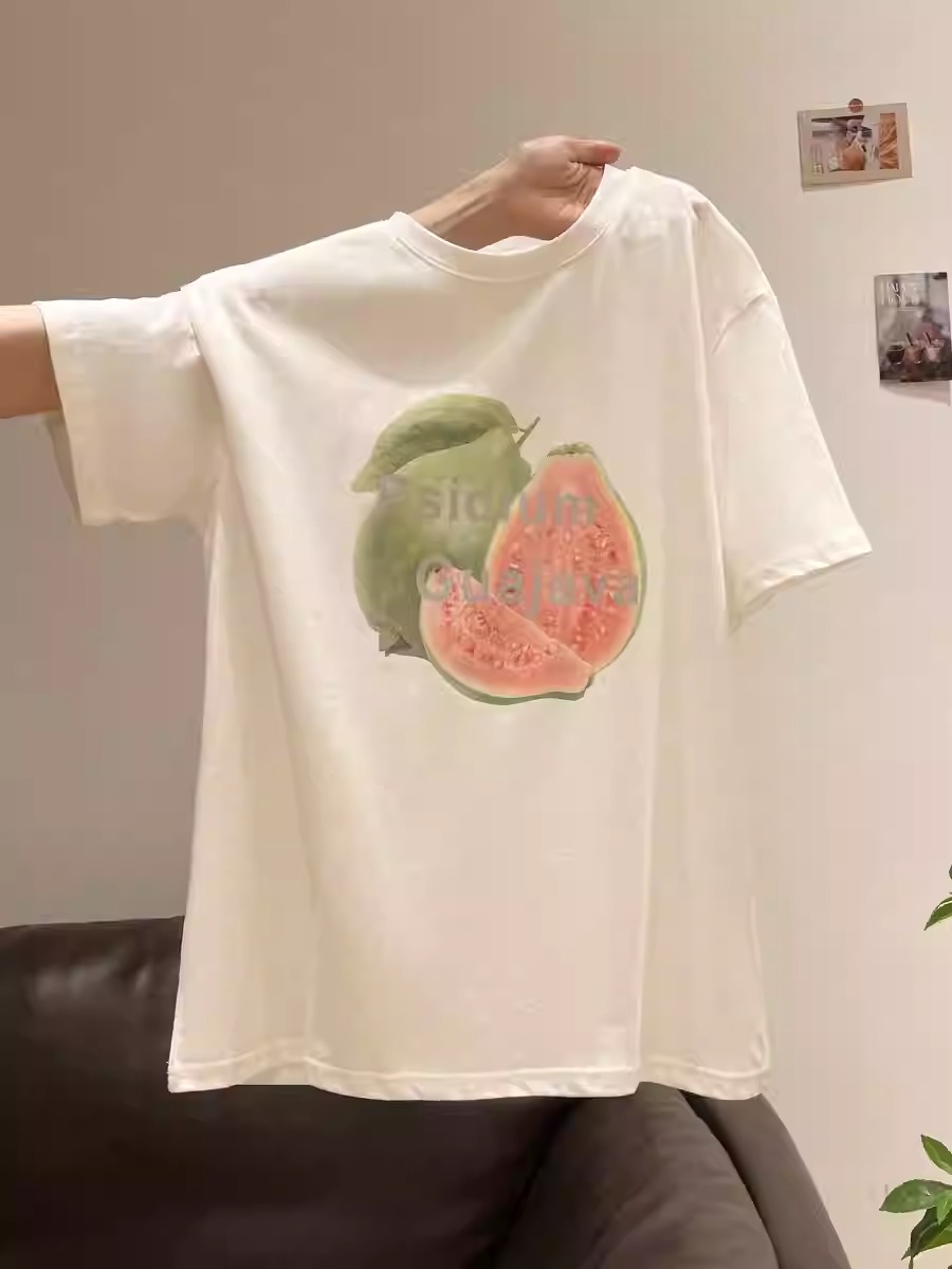 경관 그림 21 순면 210 그램 반팔 티셔츠 여성 구아바 프린트 루즈핏 맨위
