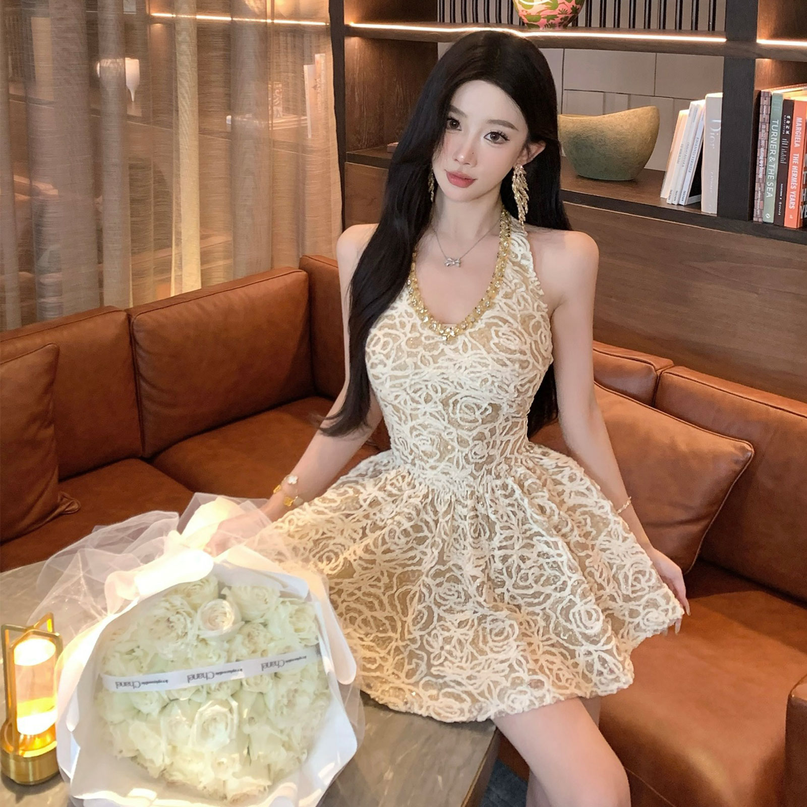 FA29867# 奢华高级感重工钉珠挂脖连衣裙钩花亮片收腰显瘦生日小礼服裙