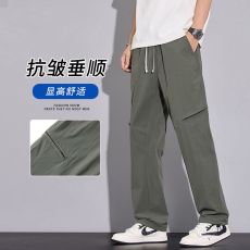 批发夏季新款休闲裤男宽松直筒舒适透气大码潮流个性褶皱伞兵裤
