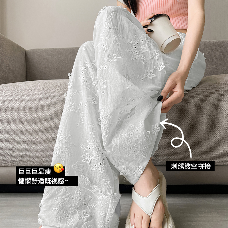 MY8970# 垂感花边镂空蕾丝阔腿裤薄款奶奶冰丝休闲白裤子中裤直筒森系女裝貨源服裝批發