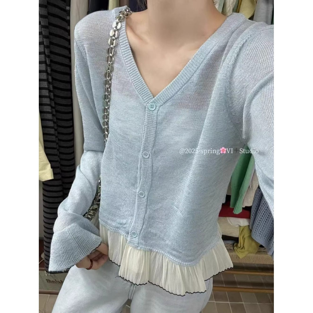 한 부서 부드러운 레이스 나팔 소매 니트 오픈 가디건 여성 봄 여름 얇은 스타일 외출용 V넥 태양 보호 셔츠 쇼트 스타일 맨위 서비스