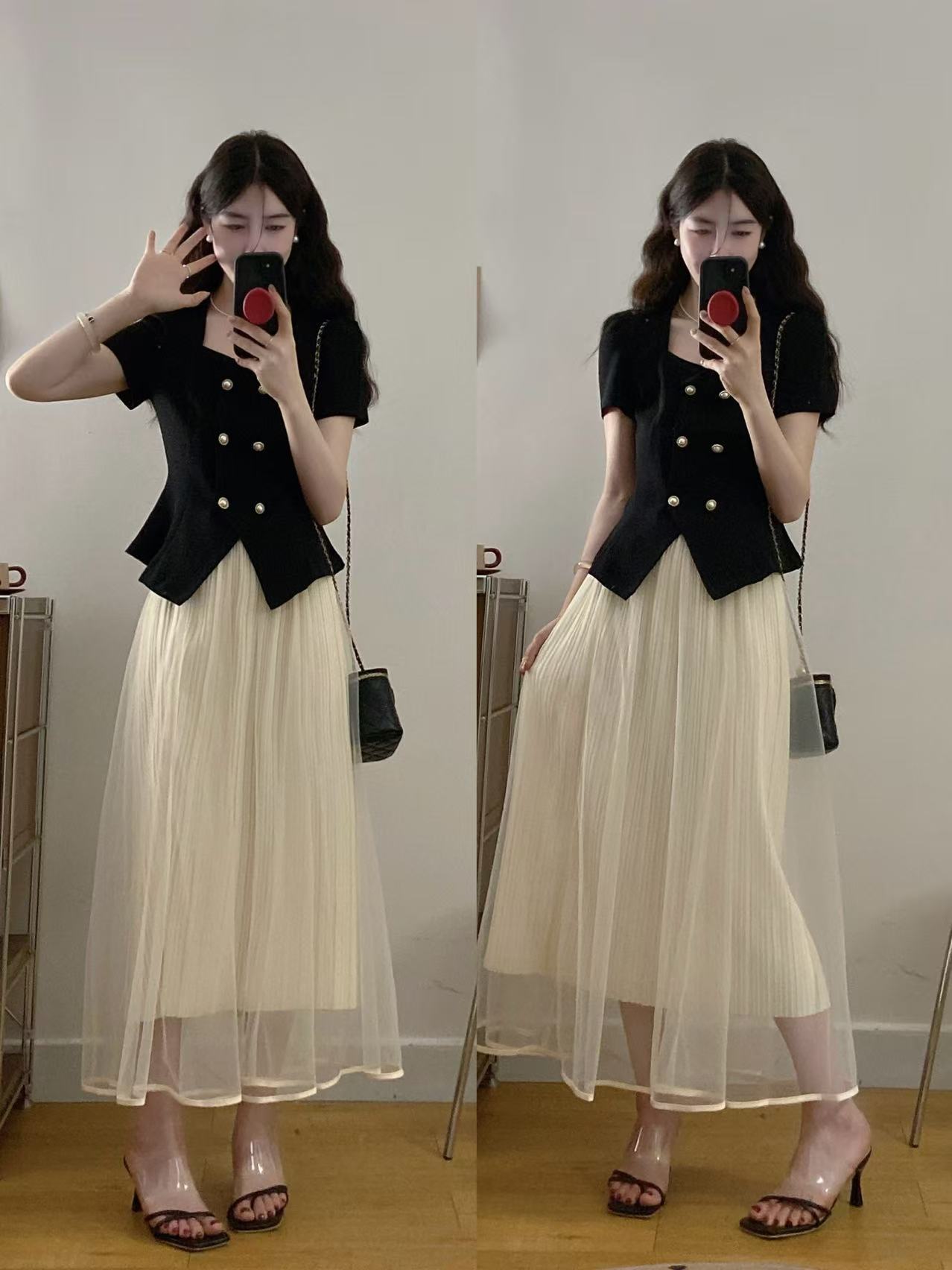 MY7452# 新款大码胖M设计感气质修身显瘦排口上衣+公主裙两件套装女裝貨源服裝批發
