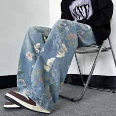 批发花卉满印男童<b class='q'>牛仔裤</b>秋季国风男生宽松直筒阔腿裤<b class='q'>儿童</b>潮牌水洗裤子