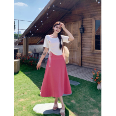 批发实拍休闲法式花朵抽绳显瘦百搭短袖上衣+粉色吊带裙时尚套装