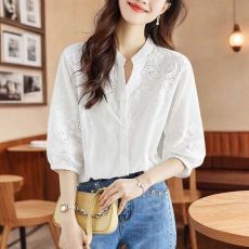 批发纯色<b class='q'>衬衫</b>女2026夏季绣花镂空七分袖V领纯棉<b class='q'>衬衣</b>洋气减龄通勤小衫
