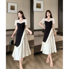 批发实拍大码女装胖MM蕾丝V领优雅显瘦法式浪漫风拼接连衣裙