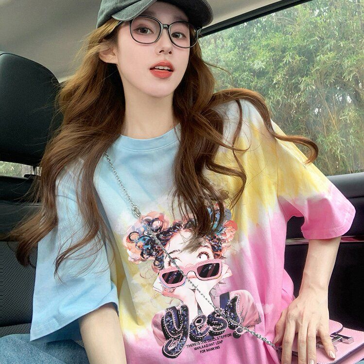 MY7287# 100%聚酯纤维扎染宽松短袖T恤女中长款洋气减龄上衣ins