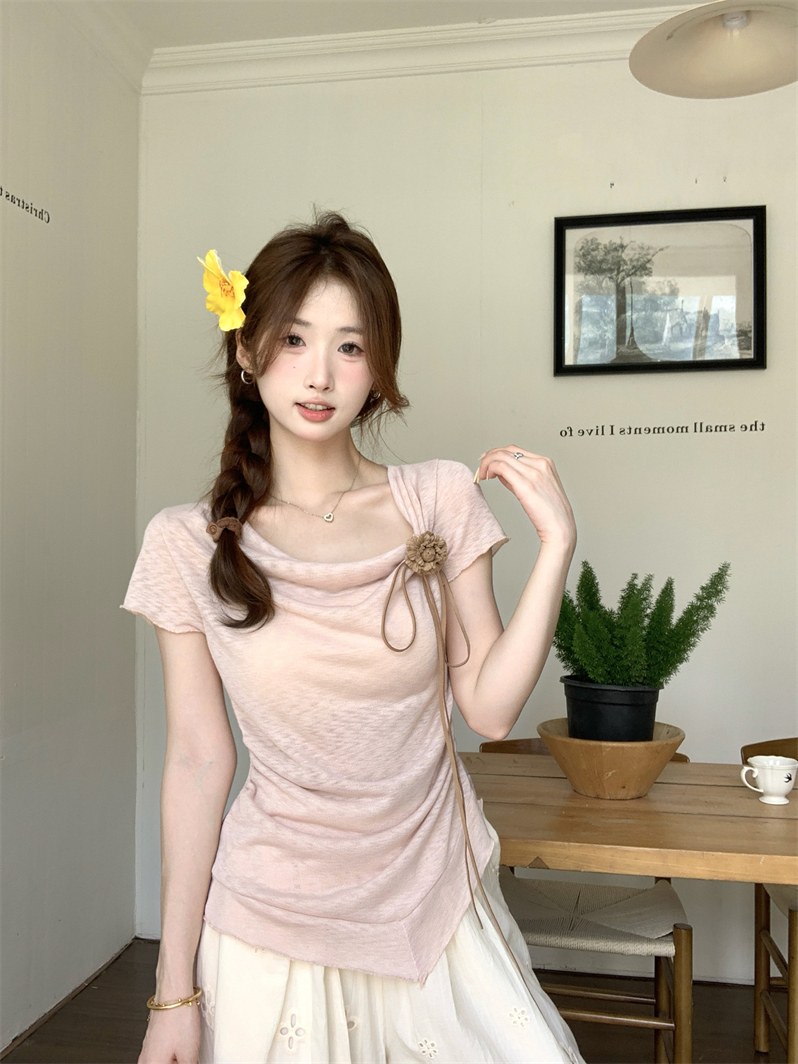 실사 2026 여름 새로운 리본 3 차원 장식 불규칙 반팔 작은 셔츠 여성 몸매 가꾸기 슬림해 보이는 맨위