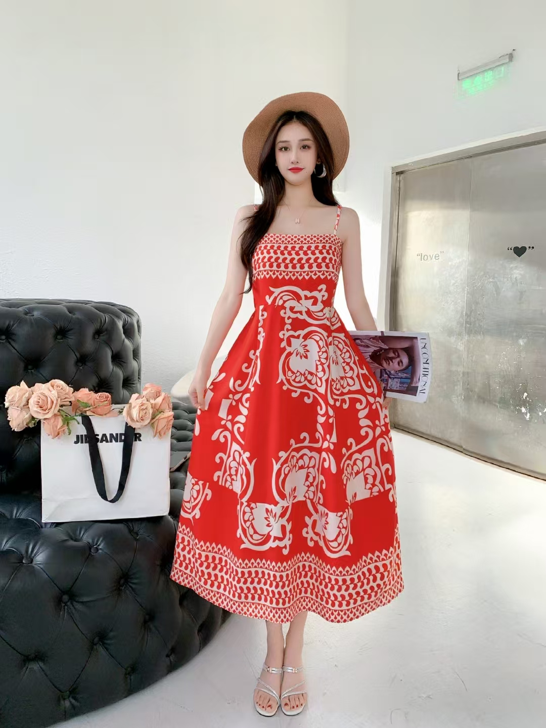 FA30679# 欧美ins夏新款吊带裙定位印花收腰大摆裹胸女款连衣裙 服裝批發女裝批發服飾貨源