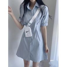 批发蓝色polo领衬衫连衣裙女2025夏季法式短裙收腰显瘦a字短袖裙