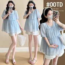 批发实拍现~ <b class='q'>孕妇</b><b class='q'>夏装</b>法式荷叶边细闪<b class='q'>衬衫</b>短袖上衣 托腹短裤套装