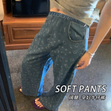 批发孕妇牛仔阔腿裤女<b class='q'>夏季</b>薄款外穿垂感直筒慵懒宽松印花裤子可调节