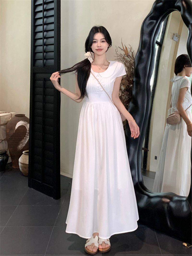 MY8435# 大码法式白色气质娃娃领连衣裙夏季温柔气质收腰显瘦短袖长裙女裝貨源服裝批發