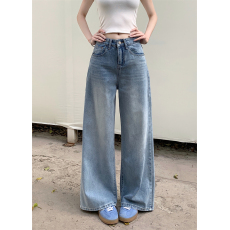 批发实拍 <b class='q'>春</b>款复古水洗阔腿牛仔裤女设计感小众宽松高腰直筒拖地长裤