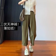 批发现货大码梨形身材抗皱天丝<b class='q'>哈伦裤</b>女夏薄款遮肉复古翻边垂感奶奶裤