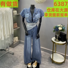 批发复古小众水洗高级感短袖西装领直筒<b class='q'>牛仔</b>连体裤女设计感连身长裤潮