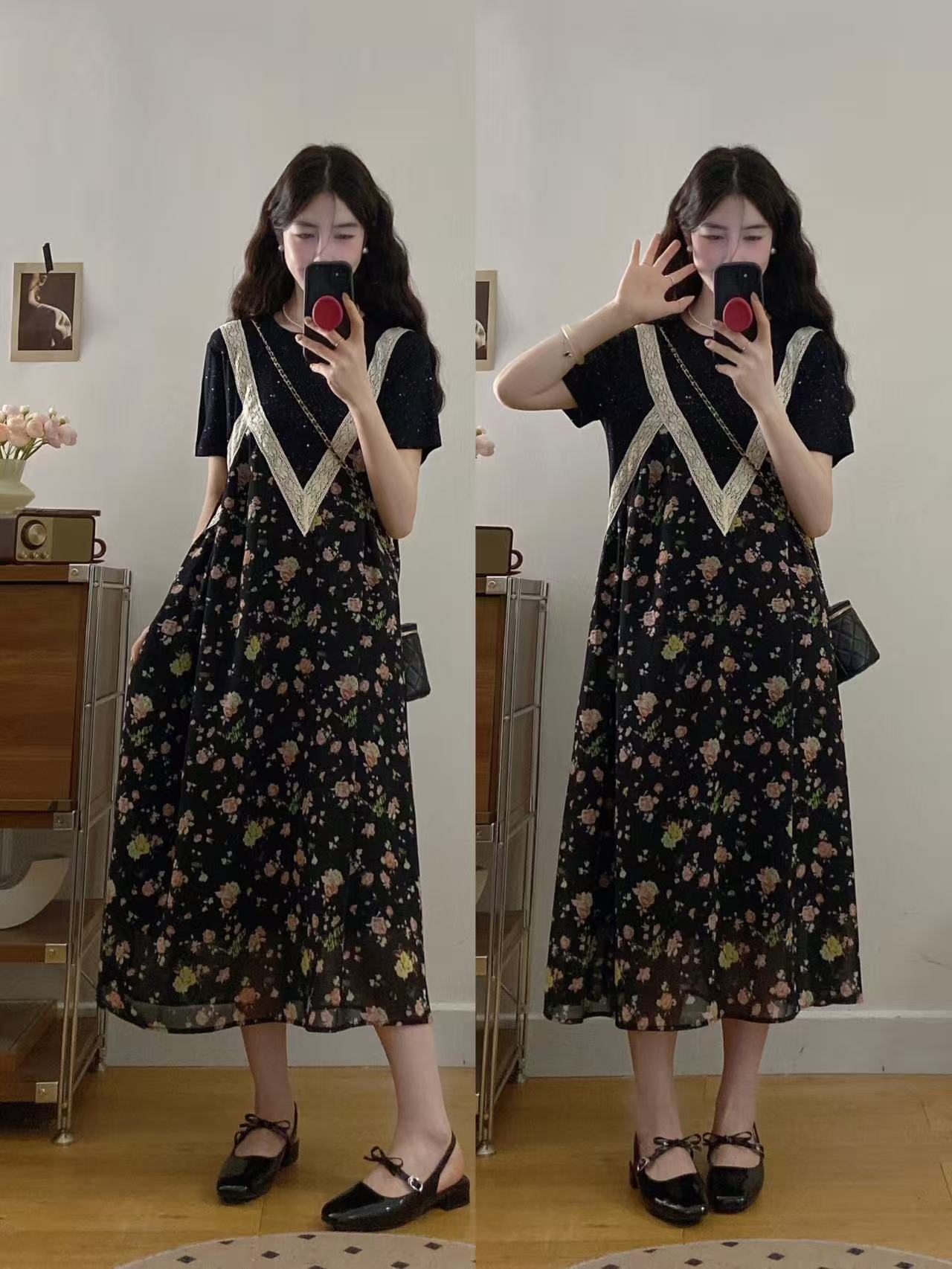 MY7536# 大码夏季新款浪漫星空拼接碎花洋气减龄宽松显瘦连衣裙女裝貨源服裝批發