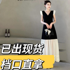 批发2025夏季新款法式温柔蕾丝拼接小黑裙<b class='q'>欧根纱</b>撞色长款连衣裙
