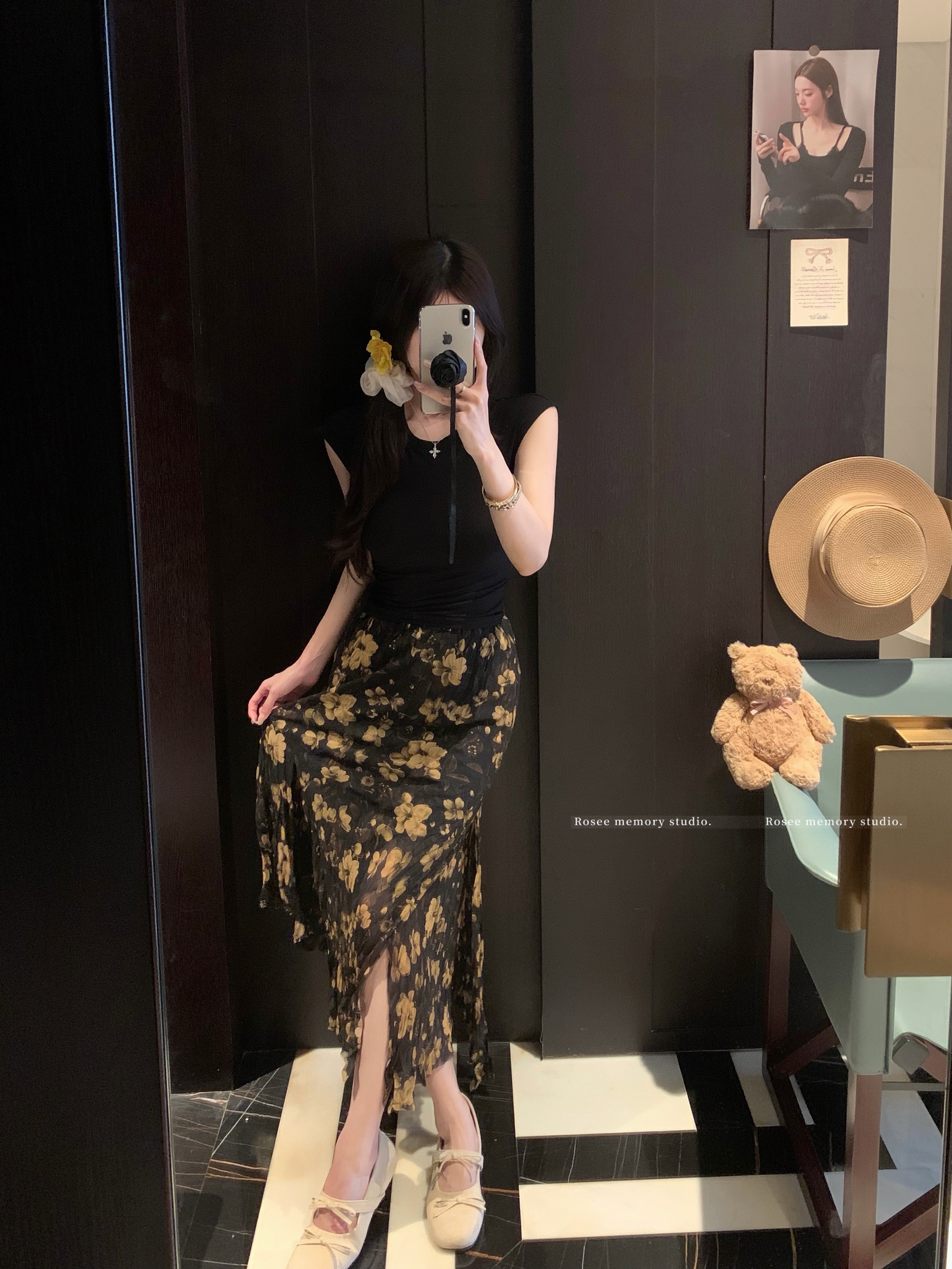 실사 노랑 장미 다용도 고급 센스 트임 품격 레트로 꽃무늬 쉬폰 반신 스커트 몸매 가꾸기 홀로우 아웃 반팔