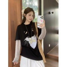 批发实拍~大码假两件猫咪印花短袖T恤女2025夏季新款拼接波点防晒长袖