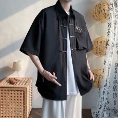 批发<b class='q'>中国风</b>翠竹叶刺绣冰丝盘扣衬衫男长袖新中式休闲帅气复古衬衣短袖