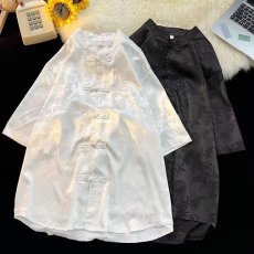 批发新中式无领短袖衬衫男装穿搭夏季中山唐装<b class='q'>中国风</b>盘扣立领冰丝衬衣