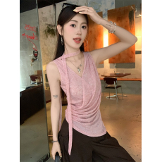 批发实拍实价 休闲套<b class='q'>装</b>无袖V领修身粉色T恤<b class='q'>女</b>夏高腰宽松拖地裤两件套