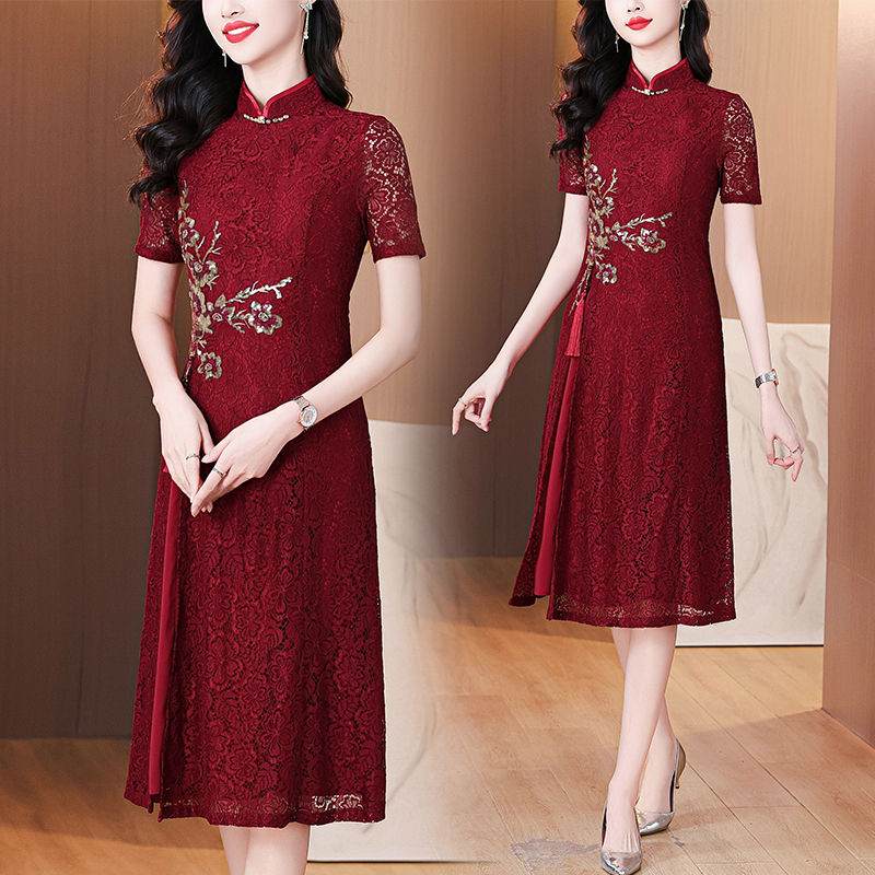 MY7640# 红色喜婆婆婚宴装旗袍年轻结婚妈妈婚礼礼服高贵蕾丝复古洋气高...