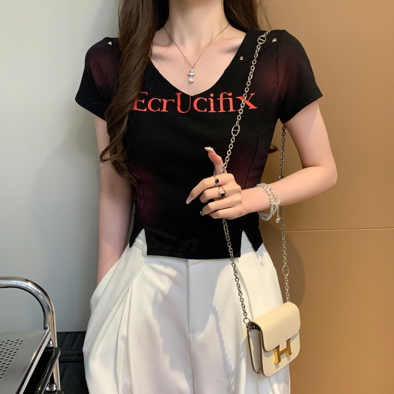 FA21272# 美式方领正肩短袖t恤女设计感小众修身显瘦鱼骨辣妹上衣服裝批發女裝批發服飾貨源