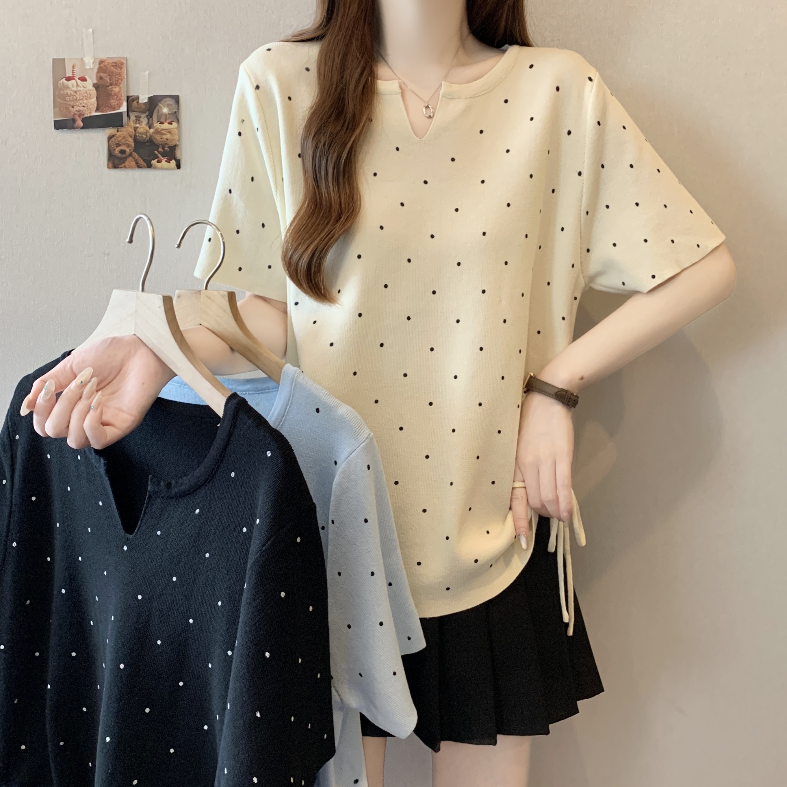 있음 선적 실사 지방 mm 빅 사이즈 긍정적 인 어깨 도트 무늬 디자인 센스 펌프 로프 슬림해 보이는 반팔 니트 스웨터 맨위