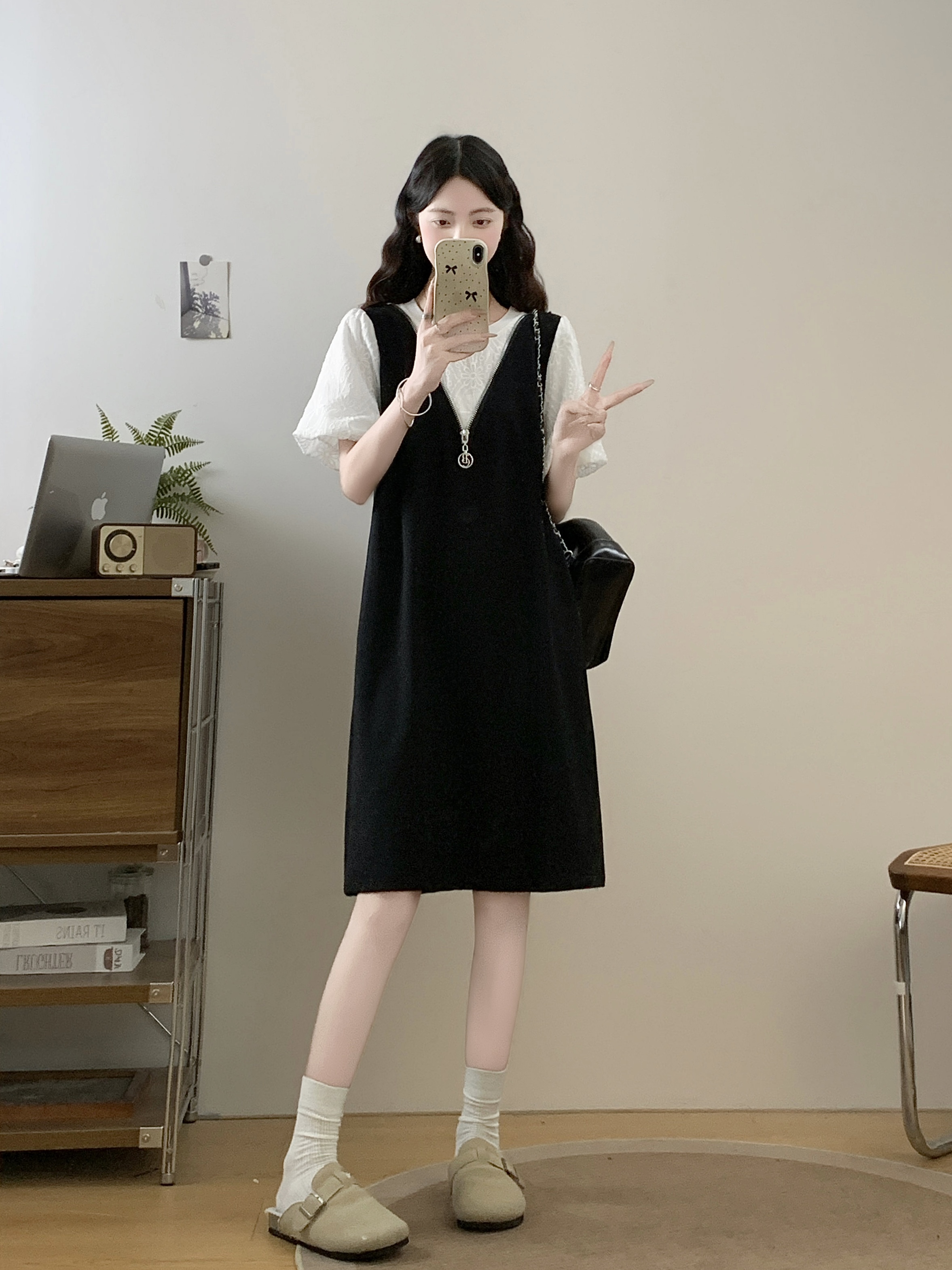 실사 빅 사이즈 여성 의류 2026 여름 새로운 한국 스타일 레이스 조각 품격 슬림해 보이는 페이크 레이어드 드레스