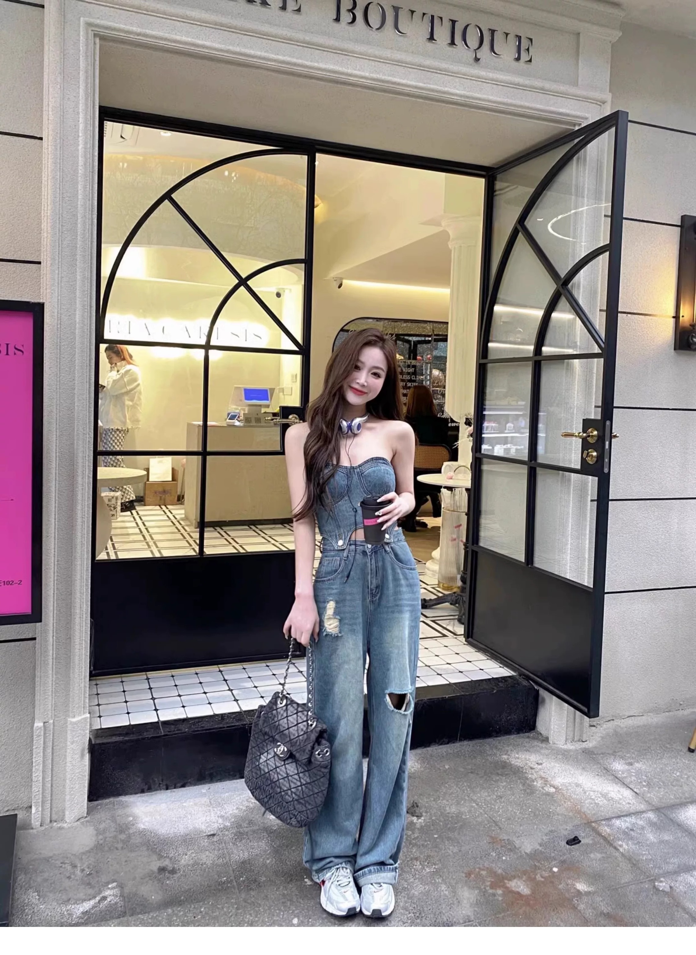 FA20819# 时尚套装女牛仔抹胸背心破洞直筒牛仔裤两件套 服裝批發女裝批發服飾貨源